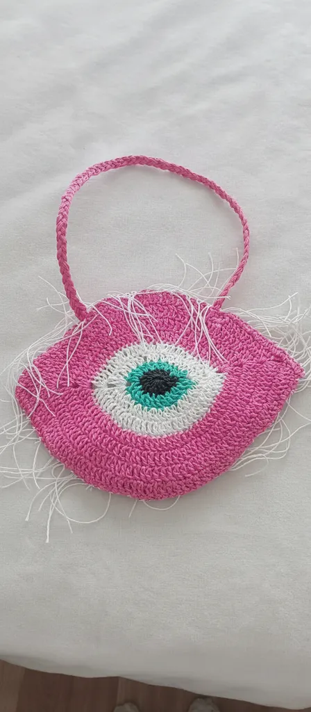 Pembe Nazar Göz Motifli Örgü Omuz Çantası - El Yapımı