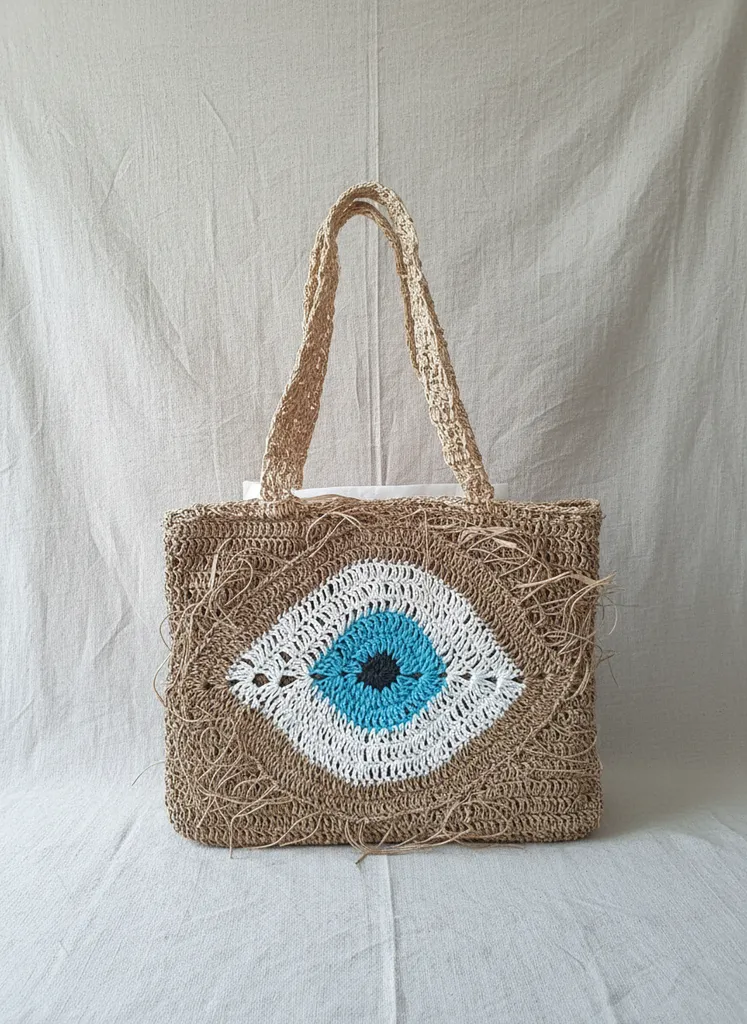 Hasır Örgü Nazar Göz Desenli Plaj Çantası - El Örgüsü Bohem