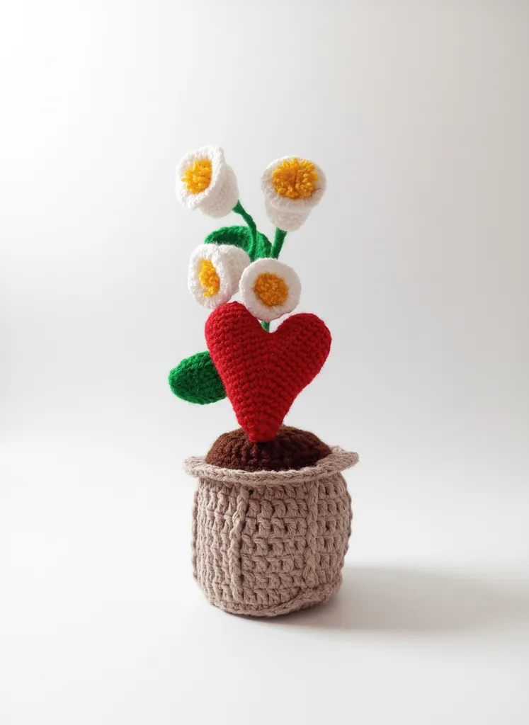 Örgü Saksıda Kalp ve Beyaz Çiçekler - El Emeği Dekoratif Obje