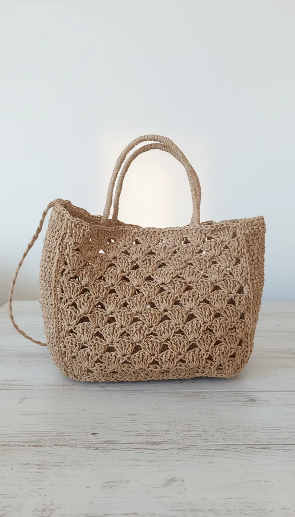 Kahverengi Kağıt İp Örgü Omuz ve El Saplı Şık Tasarım Çanta