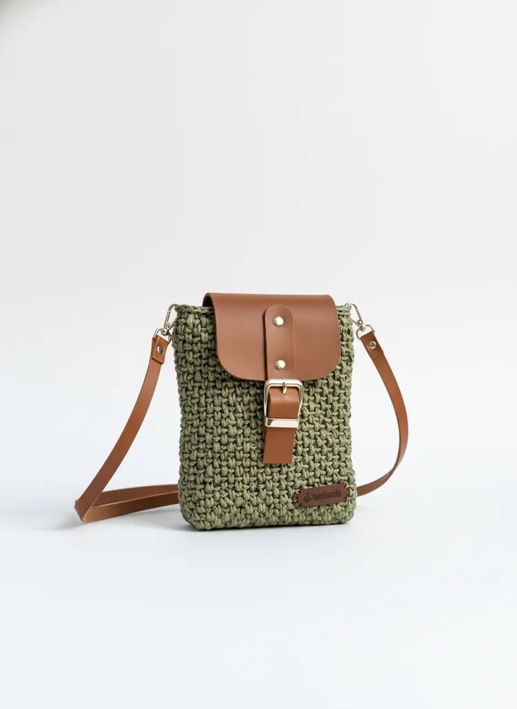 Kağıt Rafya İp ve Deri Detaylı Yeşil Telefon Çantası - El Emeği