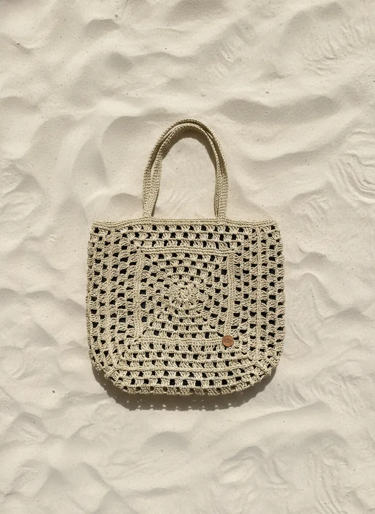 Krem Rengi Büyük Boy Makrome Örgü Plaj Çantası - Yıkanabilir