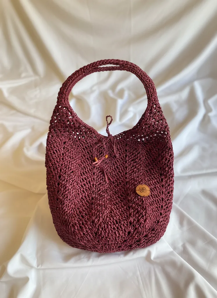 Bordo Kağıt İplik Örgü Astarlı Omuz Çantası - El Emeği