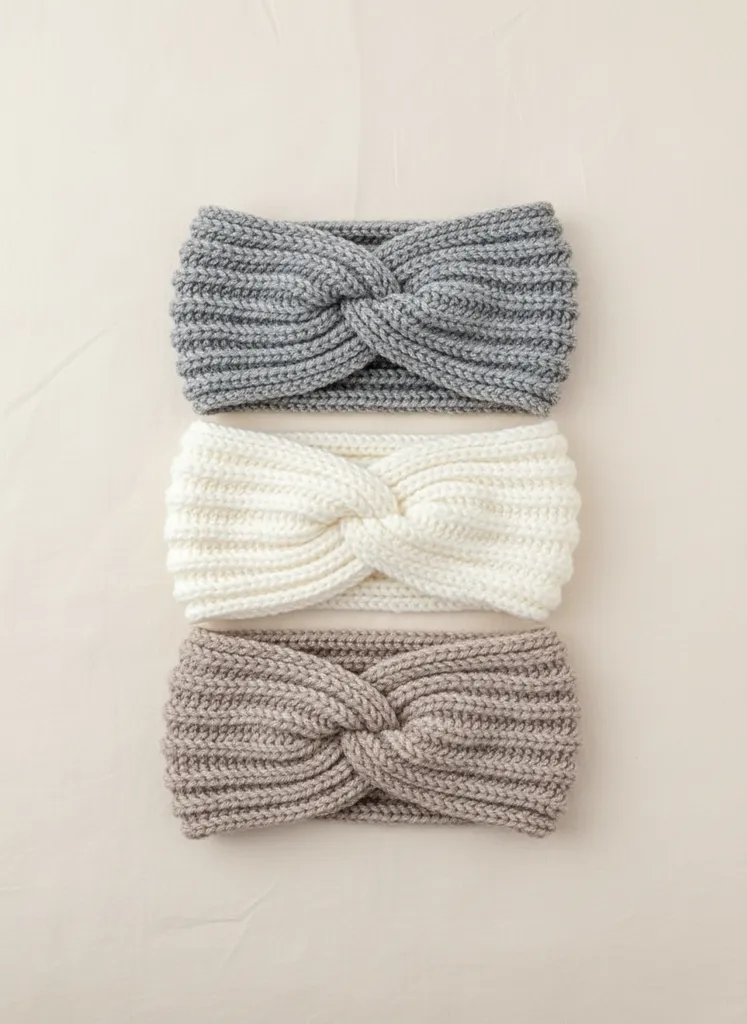 Örgü Bandana - El Emeği Saç Aksesuarı, Gri, Krem, Bej Renk