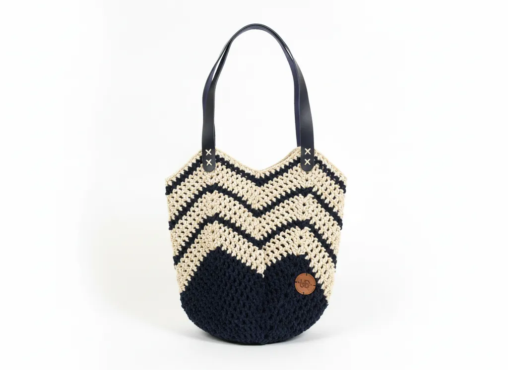 Lacivert Krem Renkli Makrome Örgü Omuz Çantası - Deri Saplı