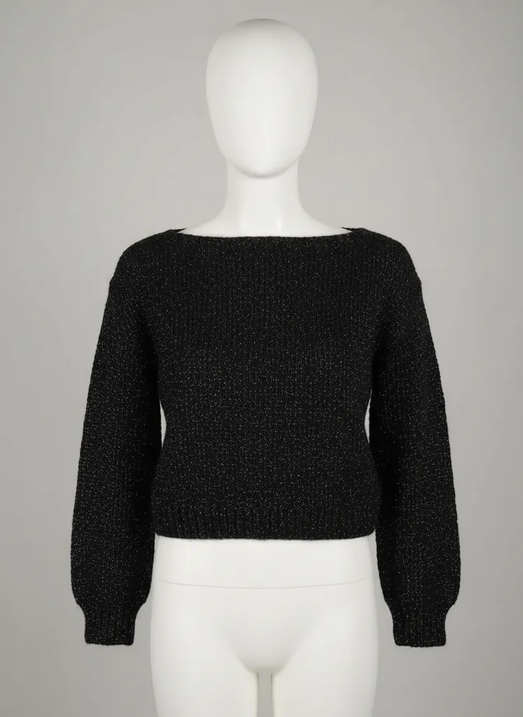 Simli Siyah Örme Crop Kazak - Kayık Yaka, 36-38 Beden