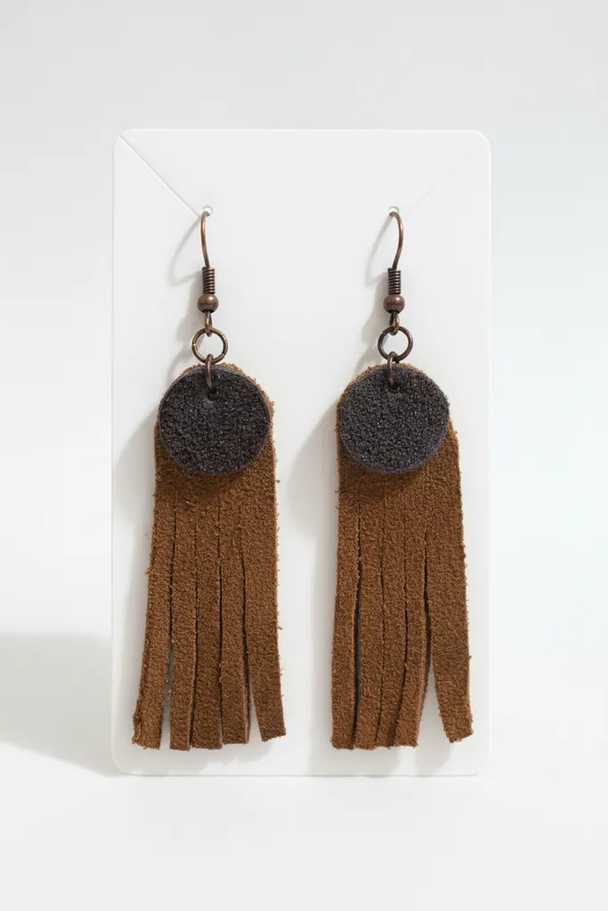 Kahverengi Süet Deri Püsküllü Küpe - Bohem Tarzı El Emeği