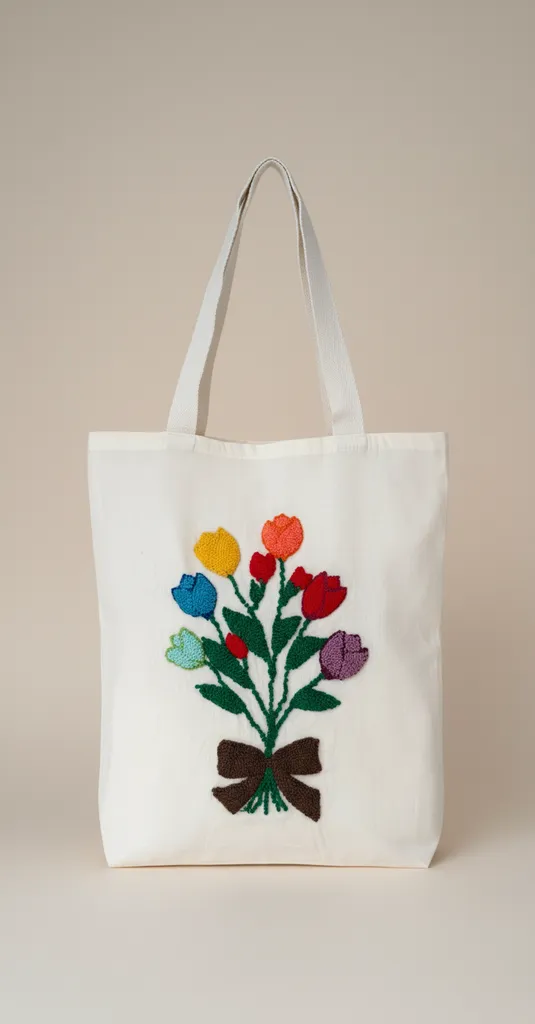 Lale Desenli Punch Nakışlı Beyaz Bez Çanta - El Emeği