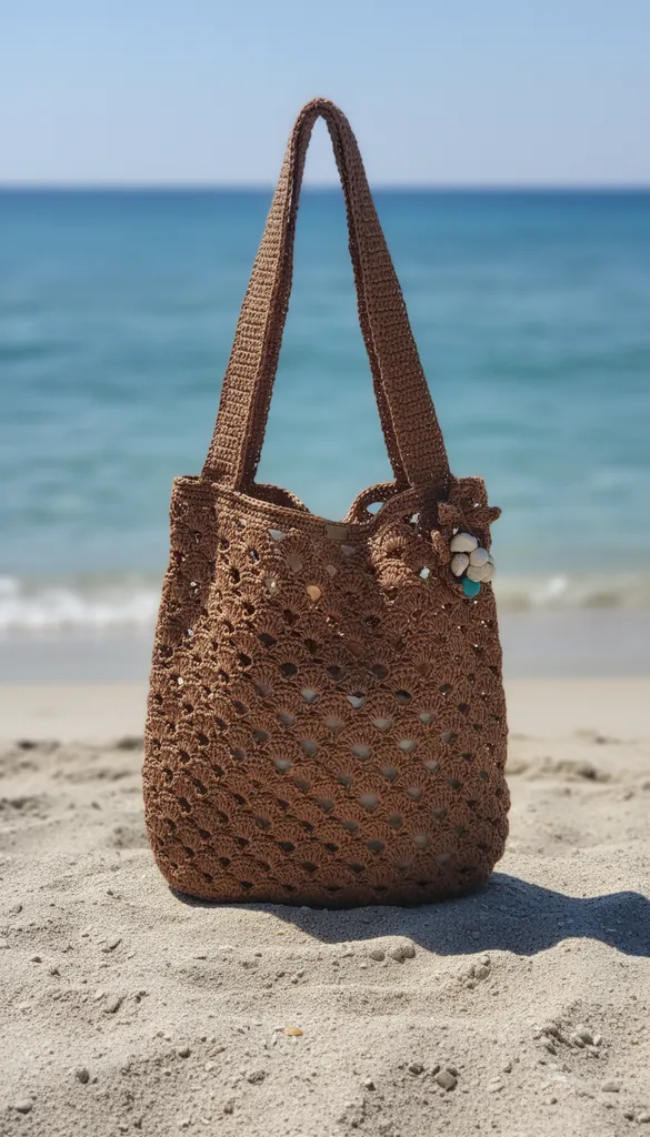 Kahverengi Kağıt İp Örgü Plaj Çantası - El Yapımı Dekoratif Detaylı