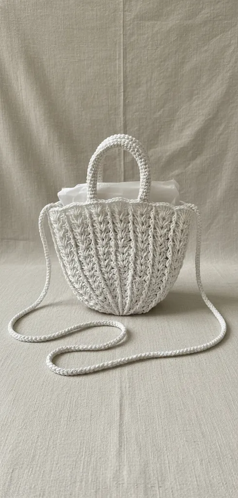 Beyaz Kağıt İpten Örme Midye Model Omuz Çantası - El Emeği