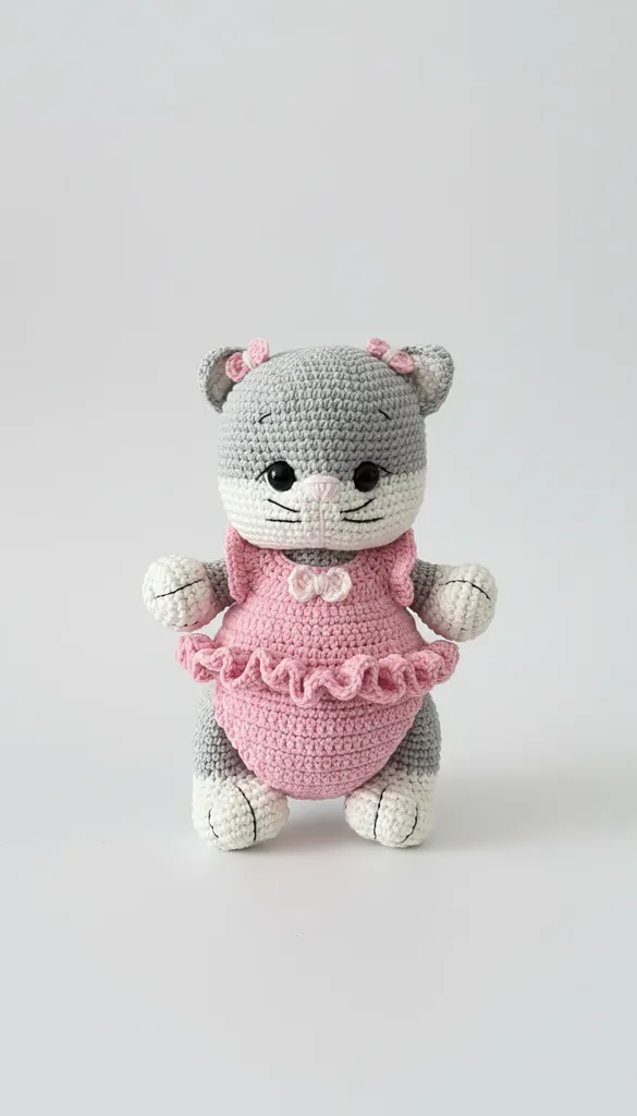 Gray Amigurumi Cat Toy in Overalls - Handmade Gift