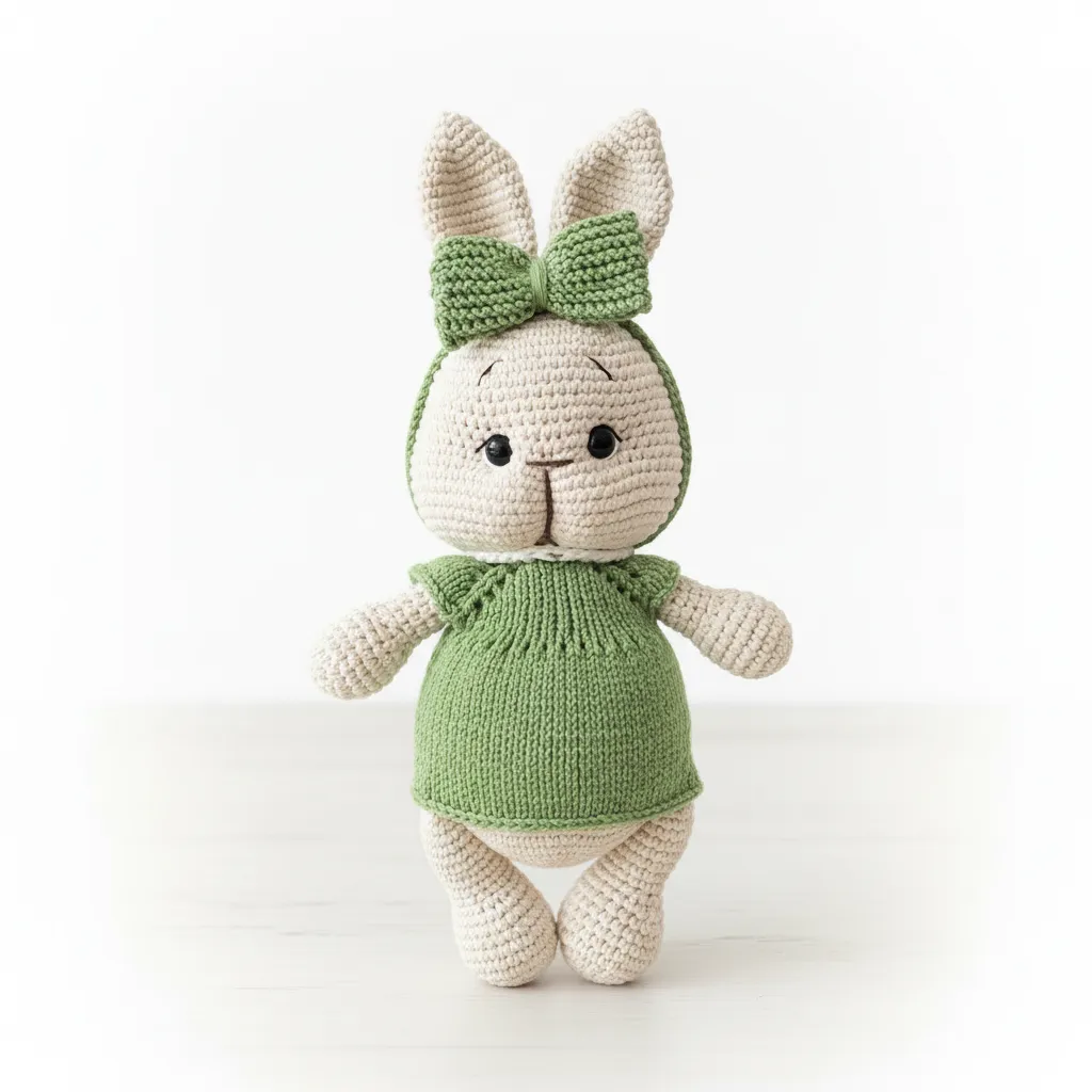 Knitted Toy Rabbit in Green Dress - Amigurumi Doll - Handmade