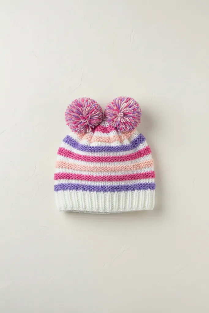 Triko Ponponlu Bere - Mor, Pembe ve Beyaz Çizgili - El Örgüsü