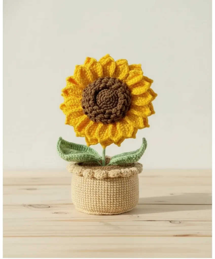 Sarı Örgü Ayçiçeği Saksı Bitki Dekoratif Hediyelik - El Yapımı