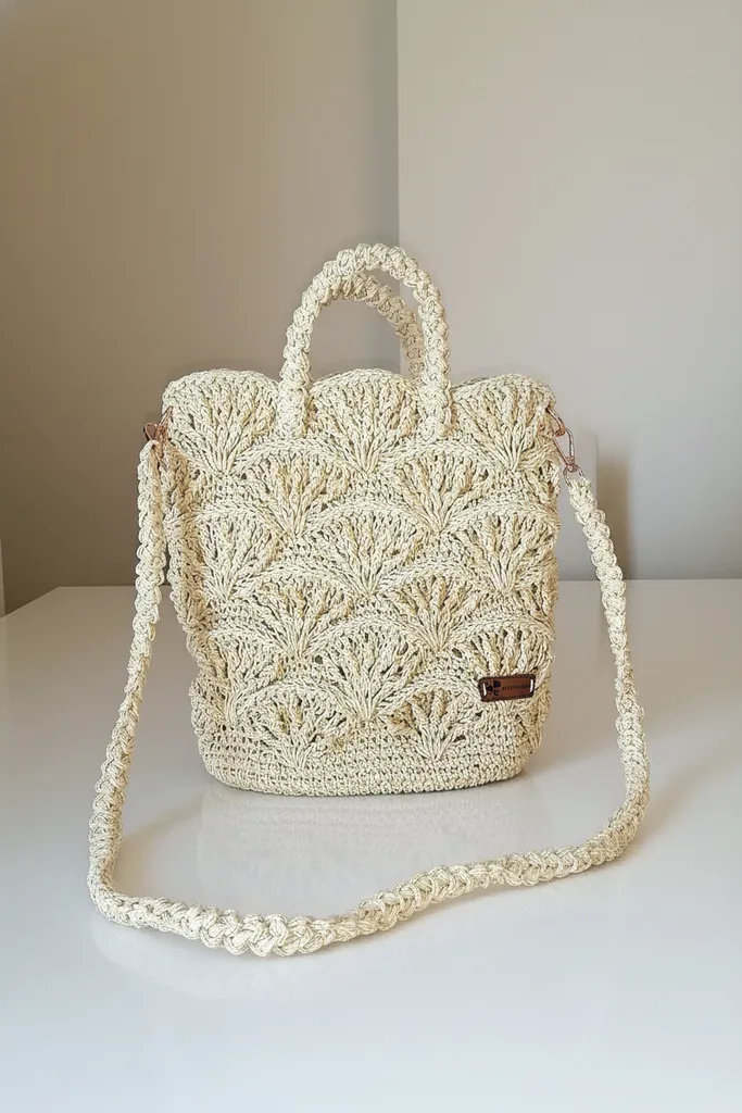 Krem Rengi Kağıt İpten Örme Omuz ve El Çantası - El Yapımı