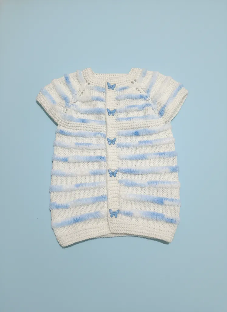 Örgü Bebek Yelek - Mavi Beyaz Çizgili, Kelebek Düğmeli, El Emeği