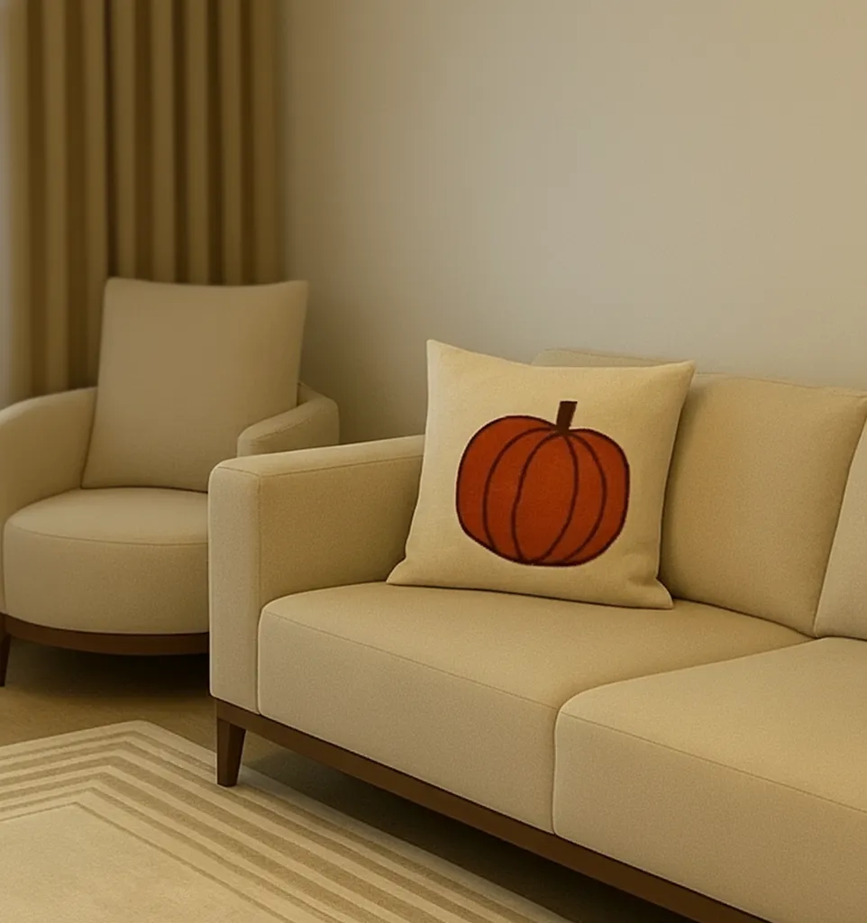 Balkabağı Desenli Duck Keten Punch Yastık Kılıfı - Dekoratif