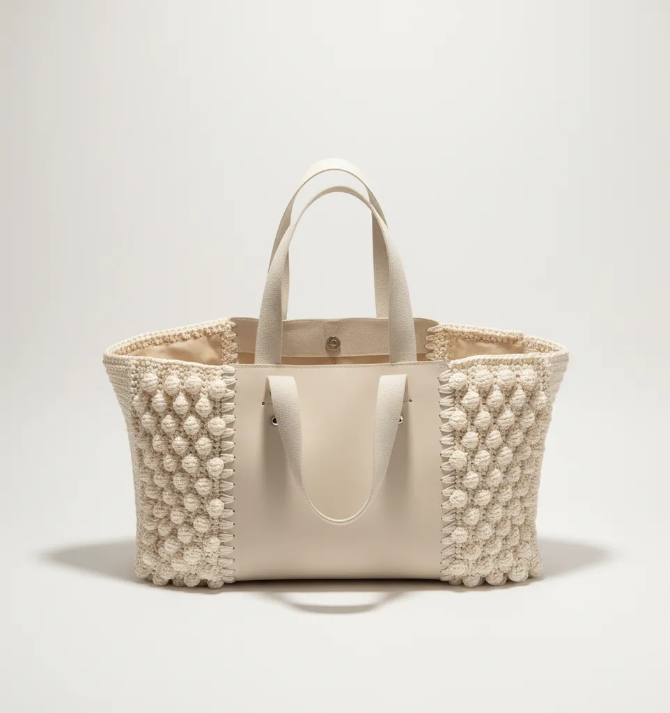 Krem Deri ve Örgü Detaylı Büyük Boy Omuz Çantası - El Yapımı