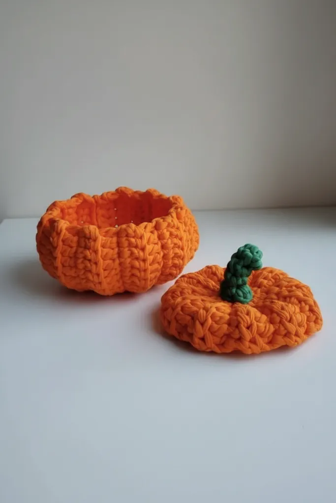 Turuncu Örgü Balkabağı Kase ve Kapak Seti - El Emeği Dekoratif