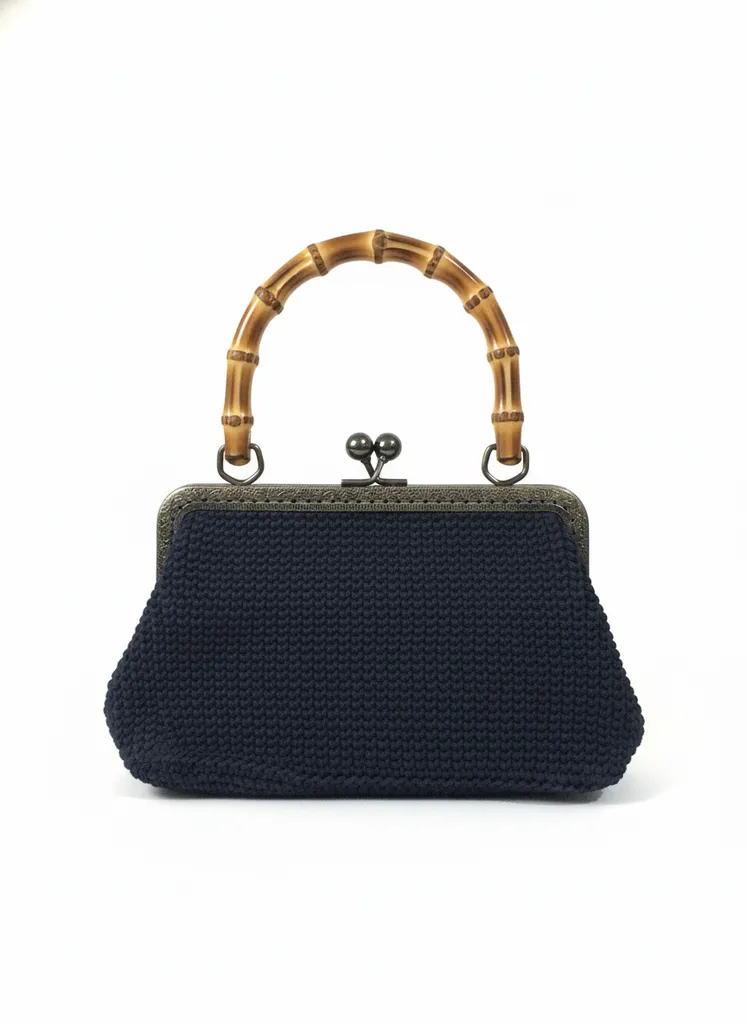 Siyah Makrome Örgü Omuz Çantası - Bambu Saplı ve Burslu Detaylı