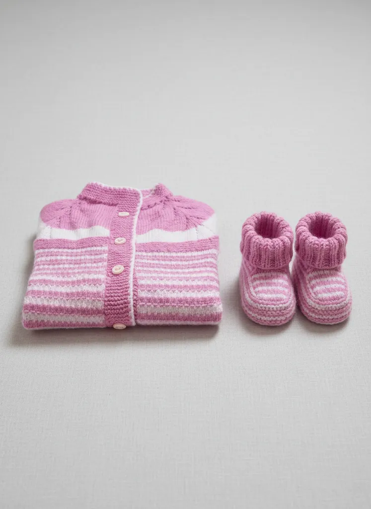 Pembe Beyaz Çizgili Örgü Bebek Yeleği ve Patiği Takımı