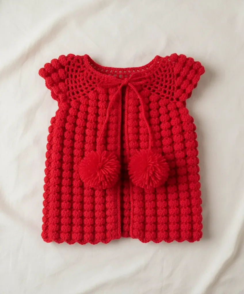 Kırmızı Örgü Bebek Yeleği - Topitop Model, Pamuk İplikten El Emeği