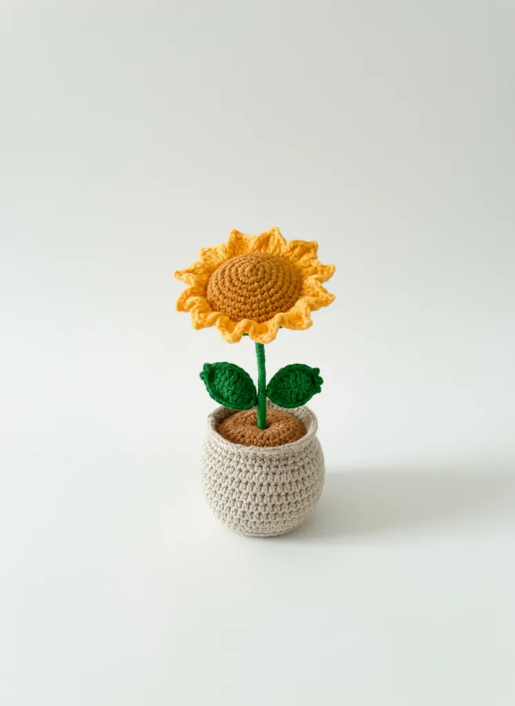 Saksıda Örgü Ayçiçeği Dekoratif Ev Ofis Hediyelik - El Emeği