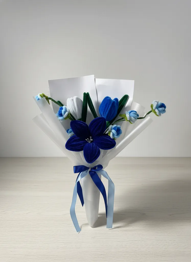 Şönil İpten Mavi Buket Çiçek Aranjmanı - El Yapımı Hediye