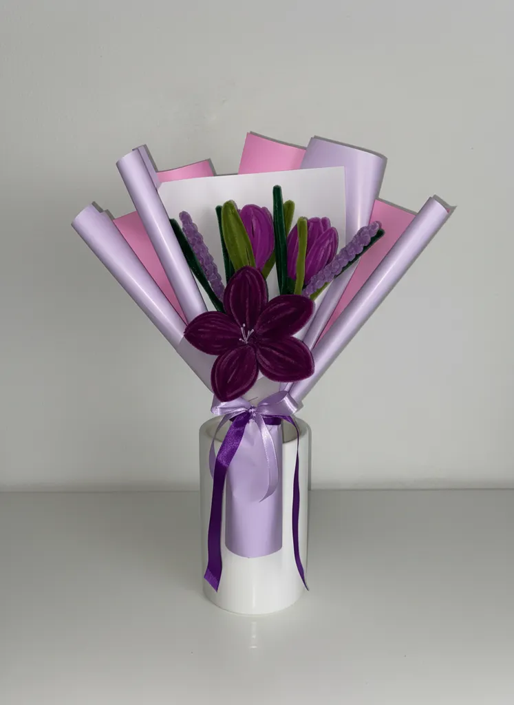 Mor ve Lila Şönil Buket Çiçek Aranjmanı - El Yapımı Hediye