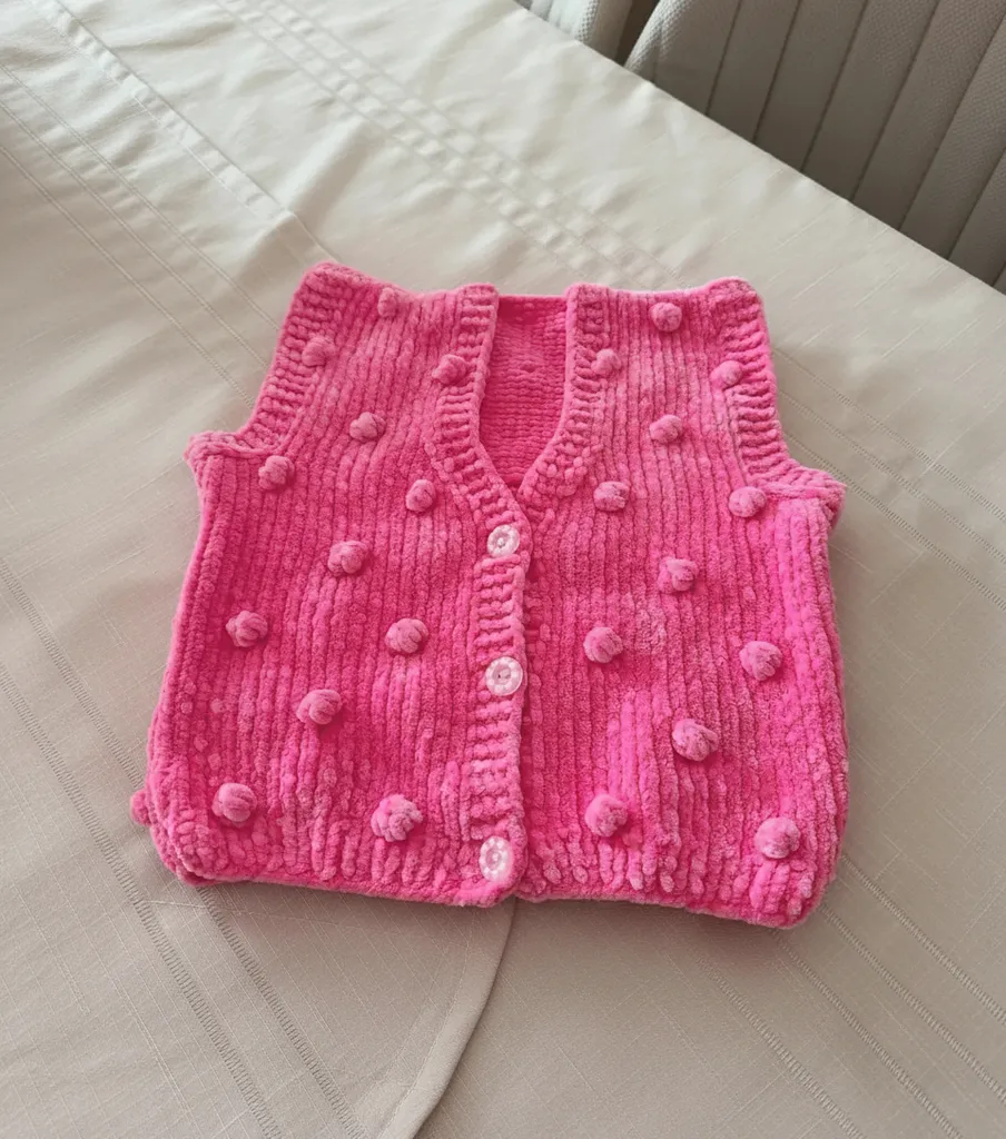 Pembe Kadife Dokulu Ponponlu Bebek Yeleği - El Örmesi