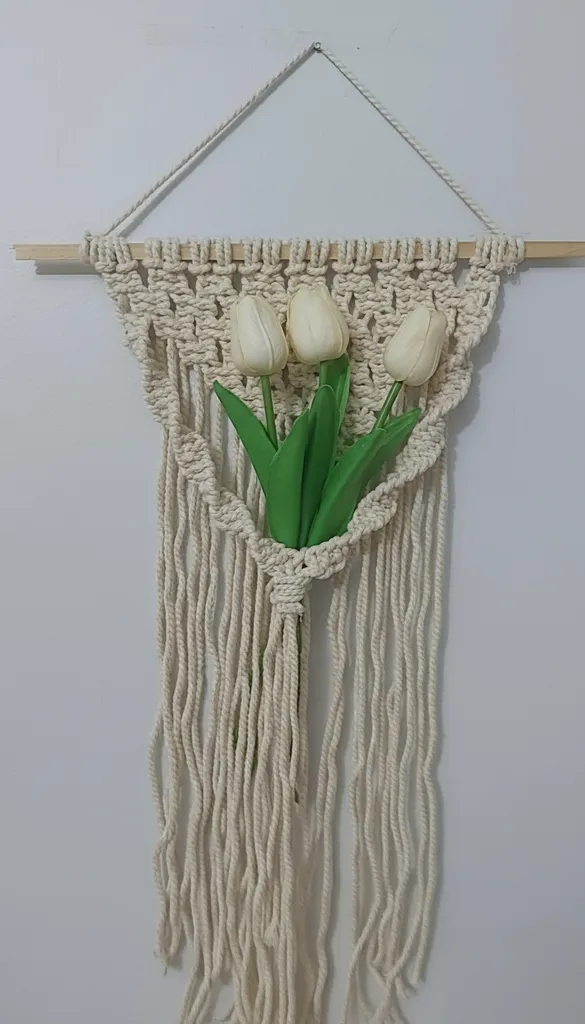 Cream Color Macrame Wall Hanging with Tulip Flower Decoration - Handmade
