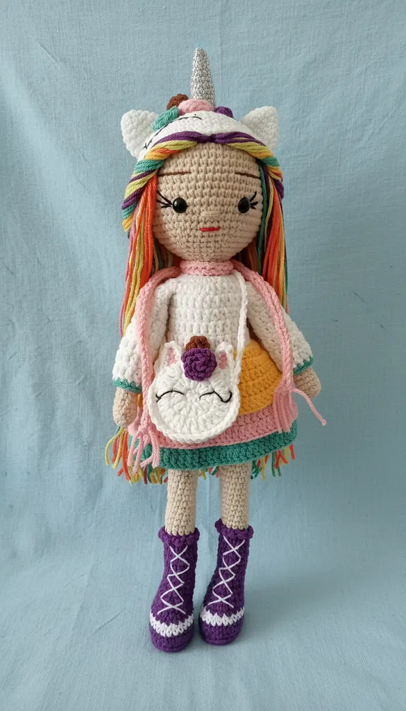 Örgü Unicorn Bebek Oyuncak - 35 cm, Çantalı ve Atkılı, El Emeği