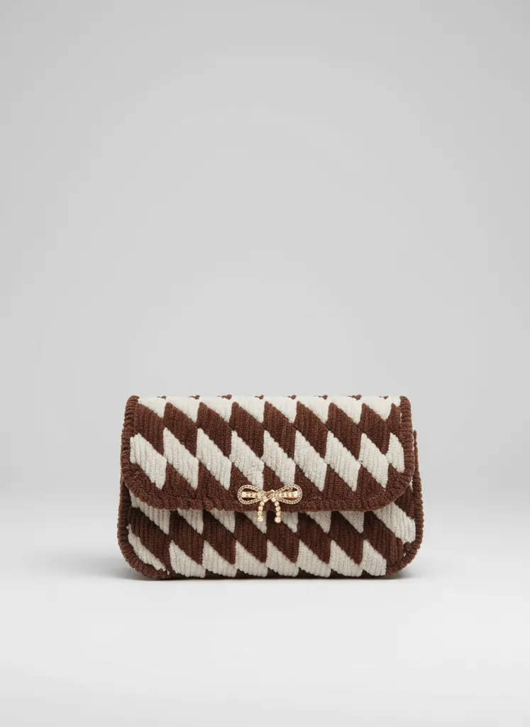 Kahverengi Krem Kadife Kanvas Omuz Çantası - El Örgüsü