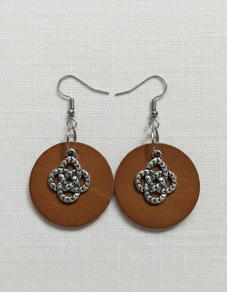 Kahverengi Deri Yuvarlak Küpe - Metal Aksesuar Detaylı El İşçiliği