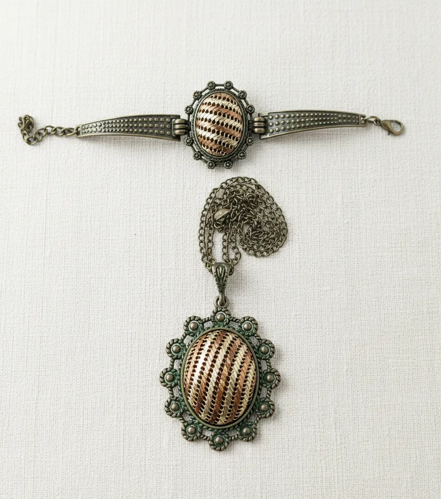 Antik Yeşil Tel Kırma Takı Seti - Bileklik ve Kolye Bartın İşi