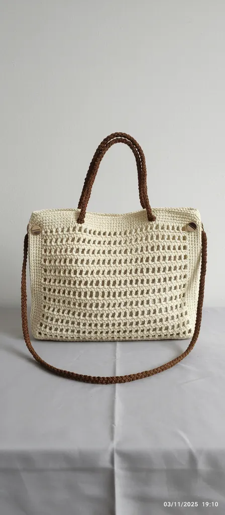 Krem Rengi Kağıt İpten Örgü Kadın Omuz ve Kol Çantası