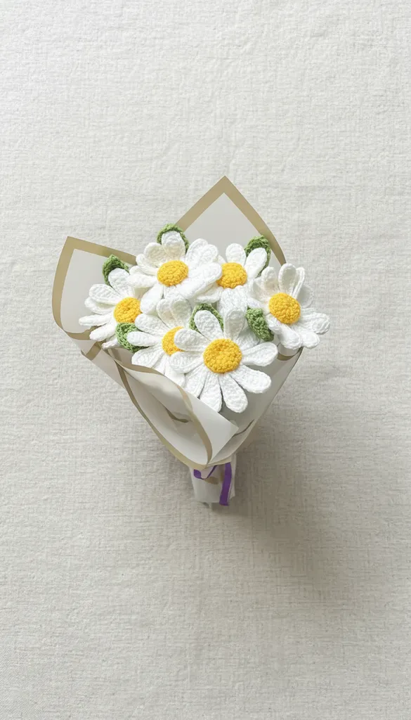 Beyaz Örgü Papatya Buketi - Solmayan El Yapımı Çiçek Aranjmanı