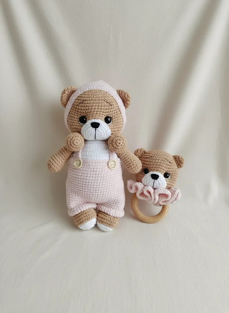 Pembe Tulumlu Amigurumi Ayıcık Uyku Arkadaşı ve Ahşap Çıngırak