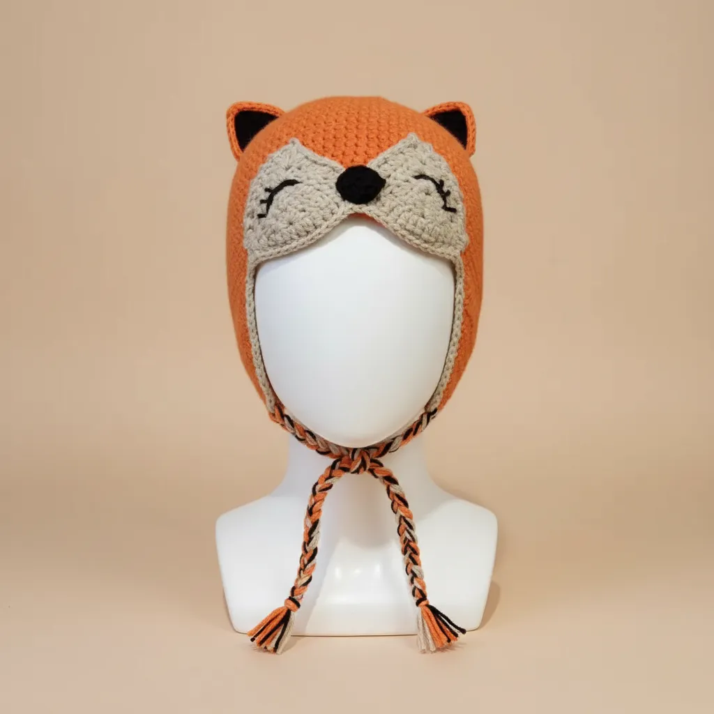 Orange Fox Figured Knitted Baby Hat - Handmade