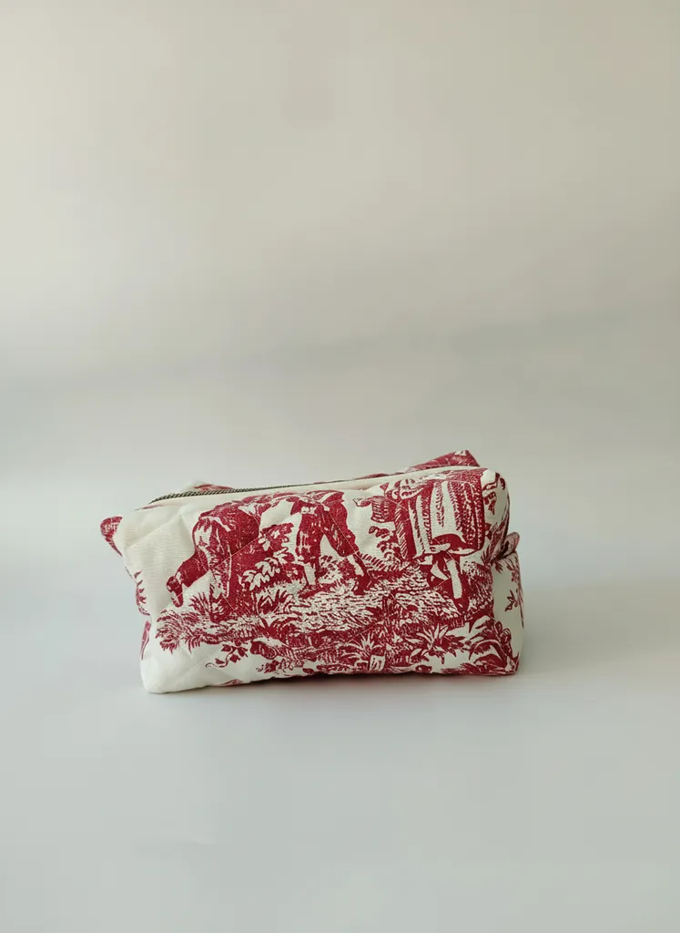 Kırmızı Vintage Desenli Duck Kumaş Makyaj ve Organizer Çantası