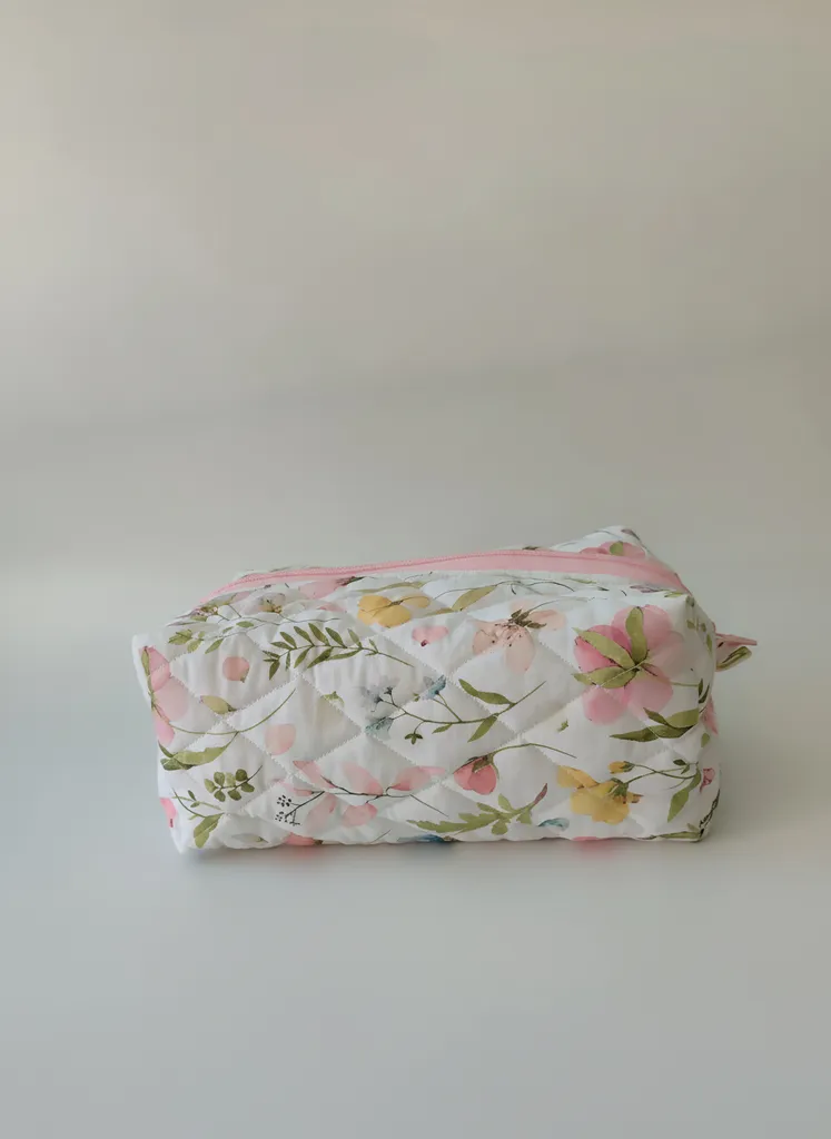 Pembe Çiçek Desenli Kapitone Makyaj Çantası - Çok Amaçlı Organizer