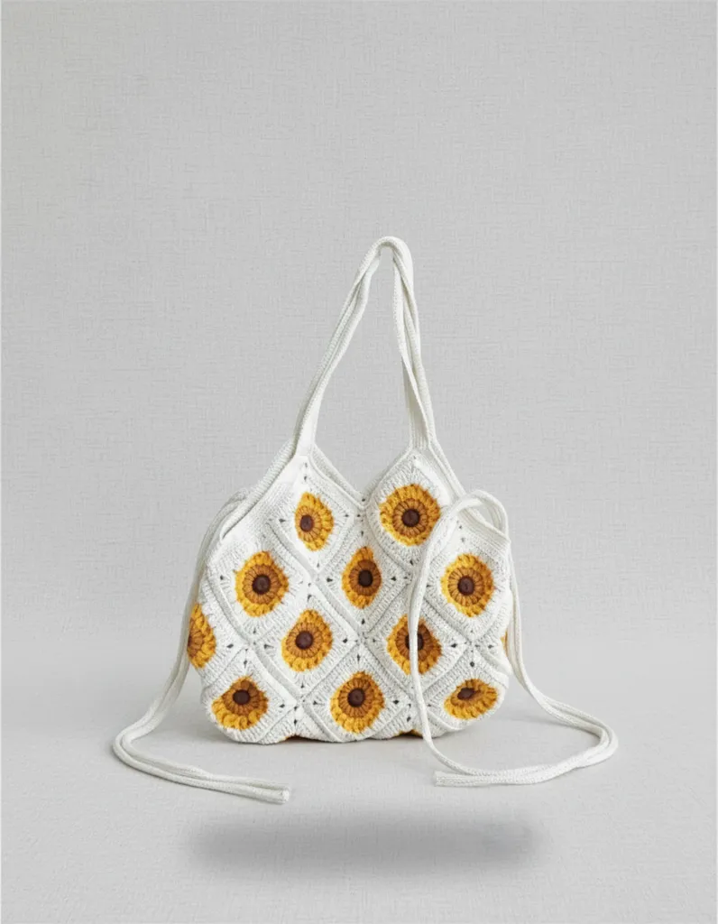 Beyaz Ayçiçeği Desenli Örgü Omuz Çantası - Astarlı, 38x33 cm