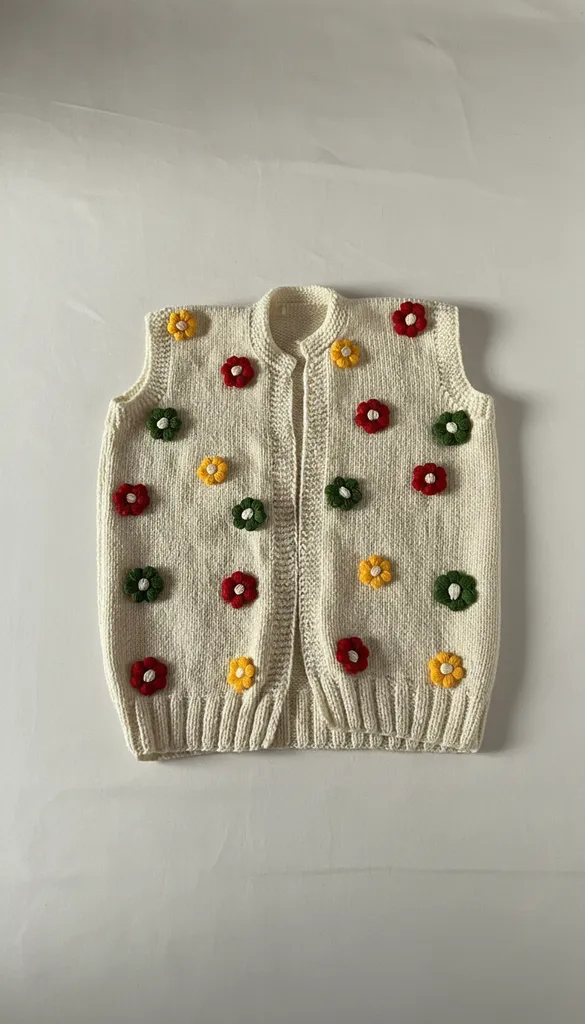 Krem Renkli Çiçek Desenli Örgü Yelek - El Emeği