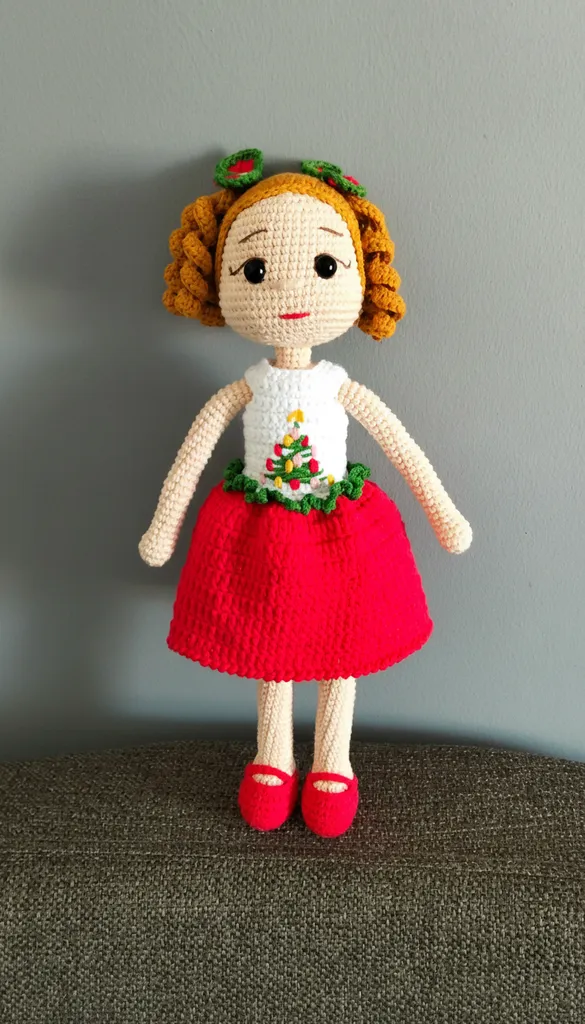 Knitted Baby Toy - Christmas Themed, Red Skirt, Handmade