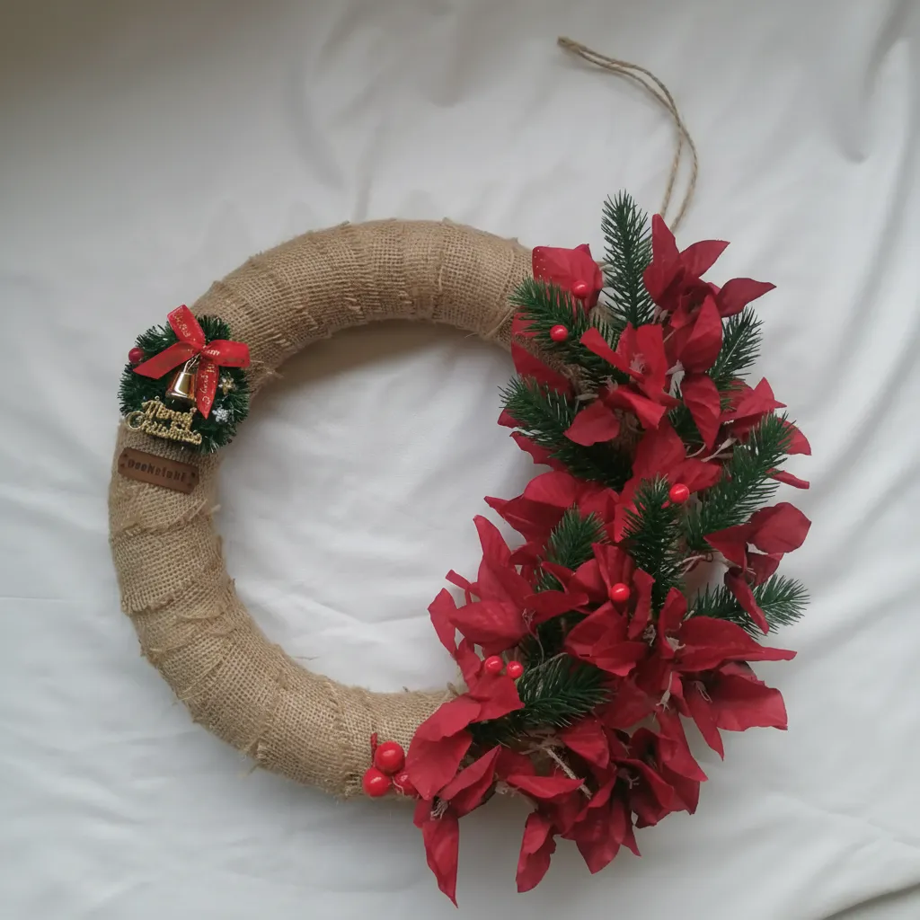 Jüt Kaplı Kırmızı Çiçekli Yılbaşı Kapı Süsü - Dekoratif Halka
