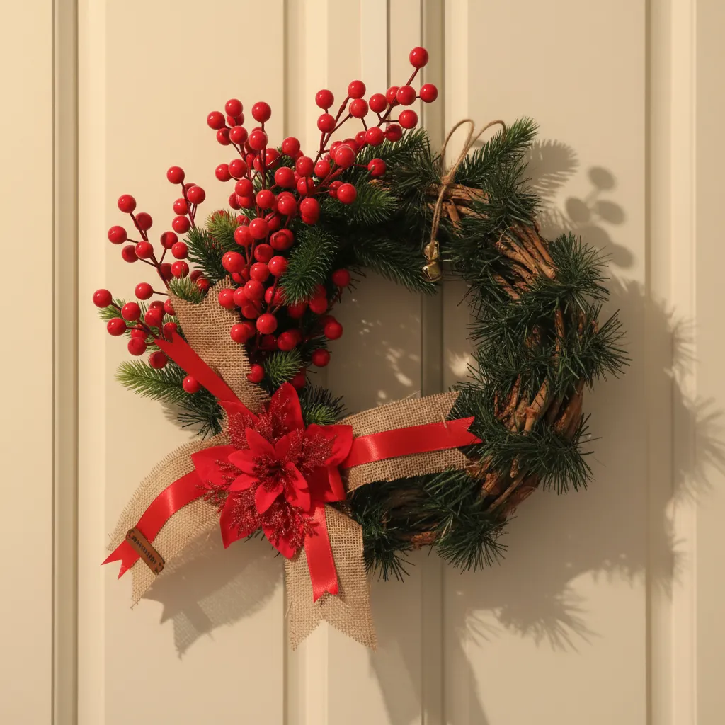 Kokinalı Yılbaşı Kapı Çelengi - Kırmızı Yapay Çiçek ve Çam Detaylı