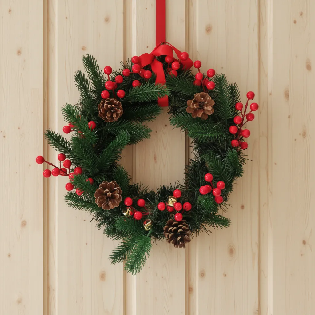 Yeşil Çam Kozalak ve Kırmızı Kokinalı Yılbaşı Kapı Süsü 35 cm