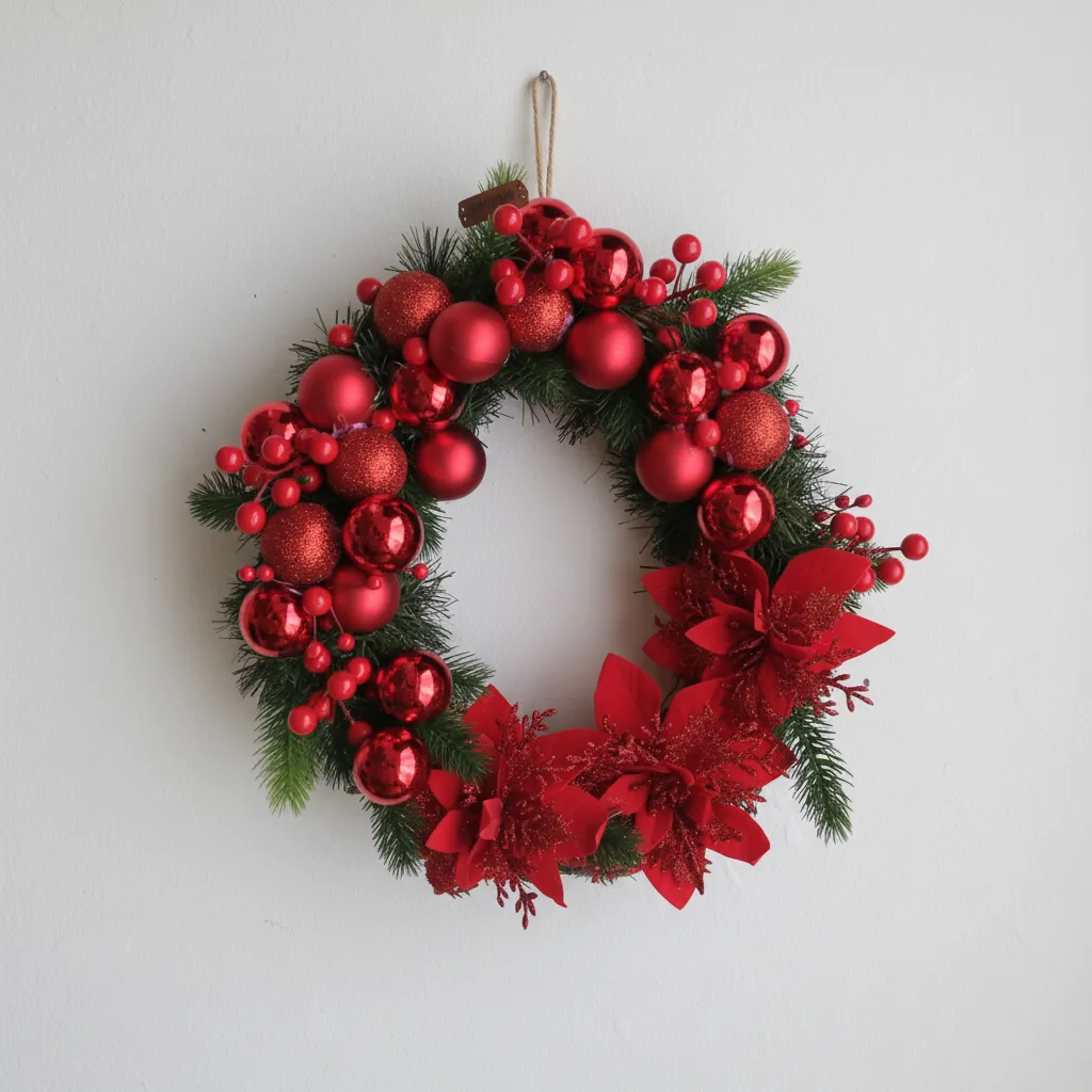Kırmızı Yılbaşı Temalı Kapı Çelengi, Yapay Çiçek ve Kokina Detaylı