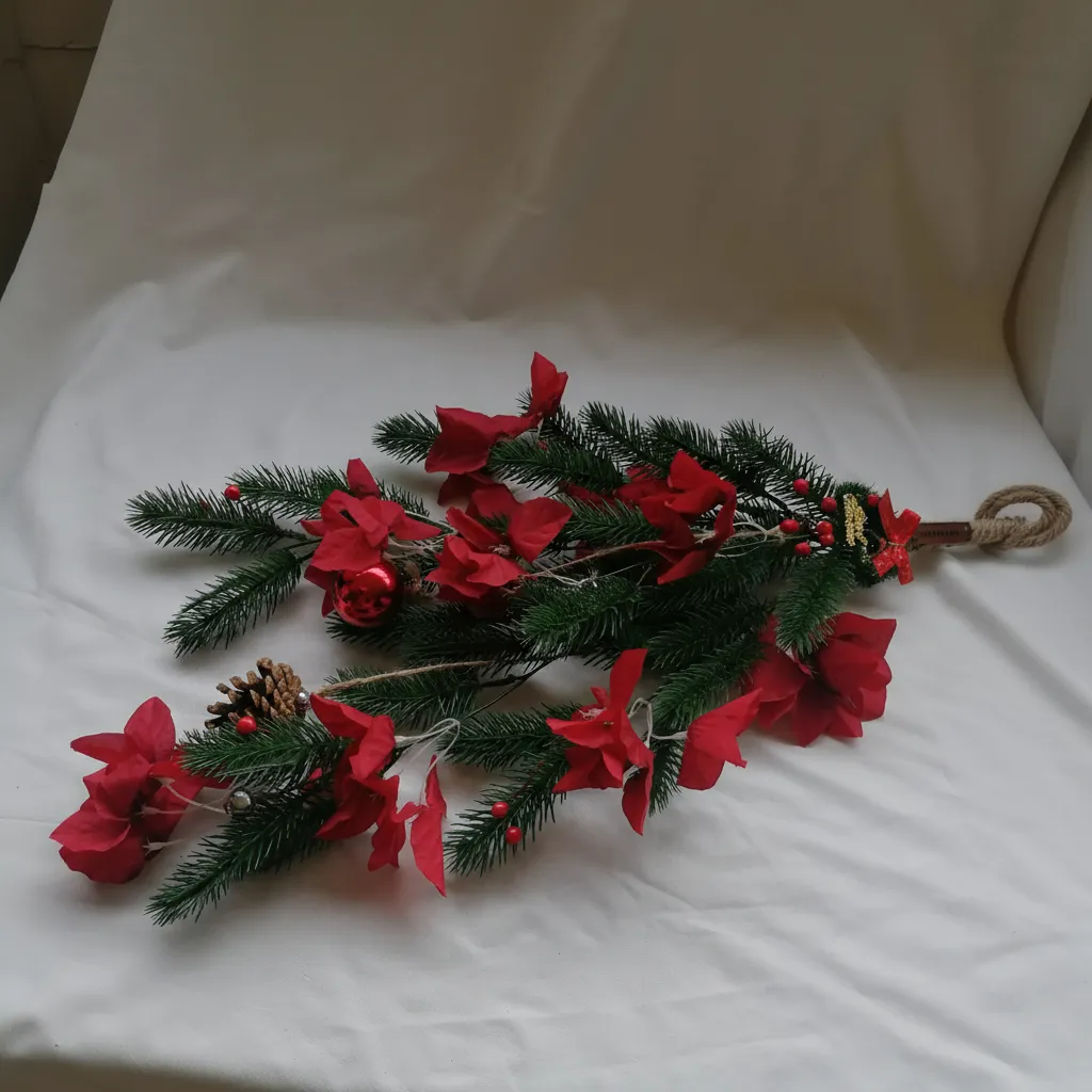 85cm Kırmızı Çiçekli Yılbaşı Kapı Süsü - Uzun Dekoratif Çam Dalı