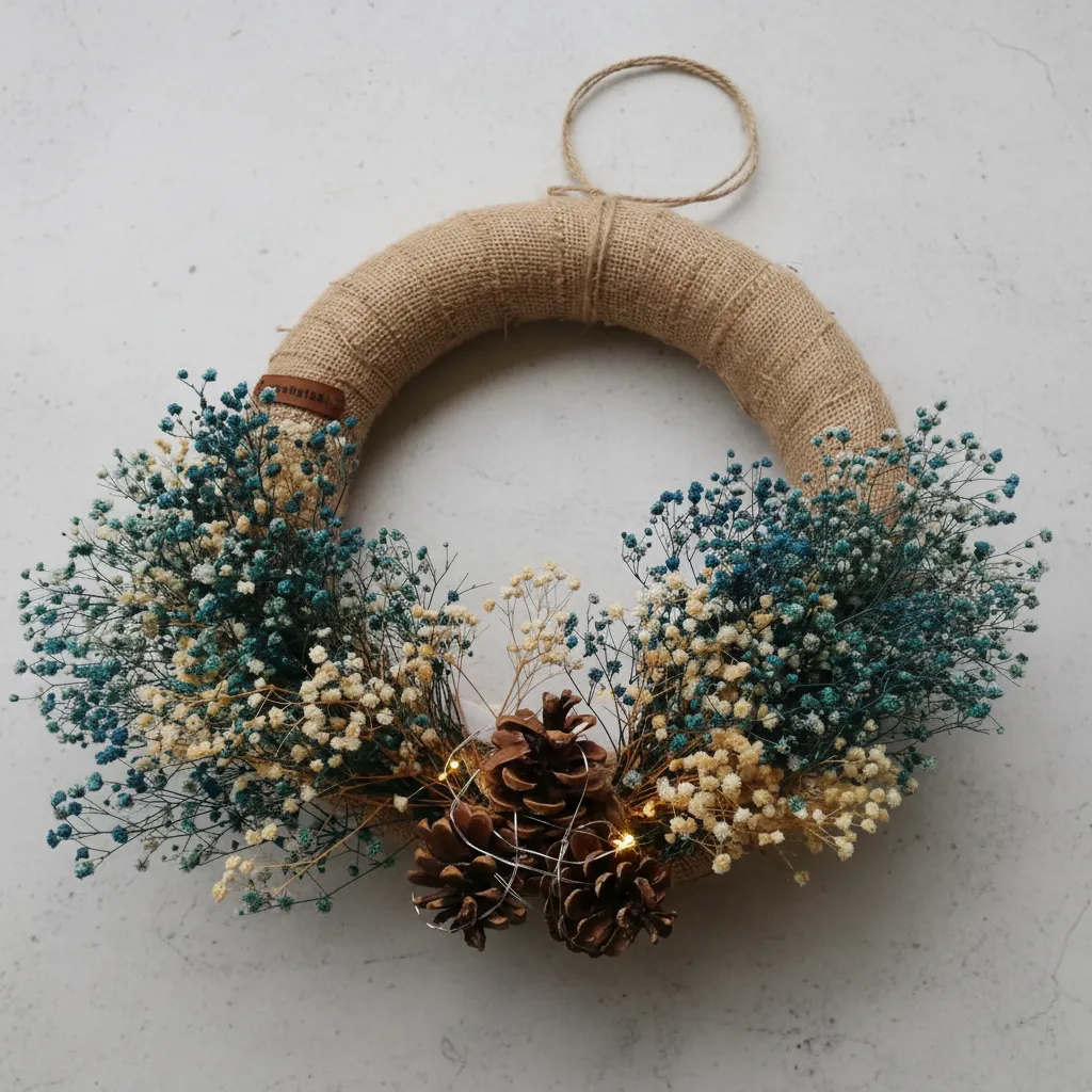 Jüt Kaplı Kuru Çiçekli ve Led Işıklı Dekoratif Kapı Çelengi